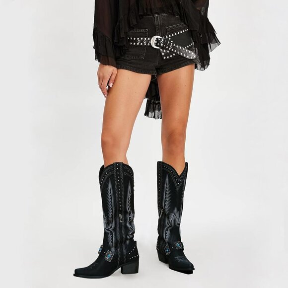 Women's Black Knee High Western Cowgirl Boots with Embroidery Belt Buckle - Picture 2 of 6